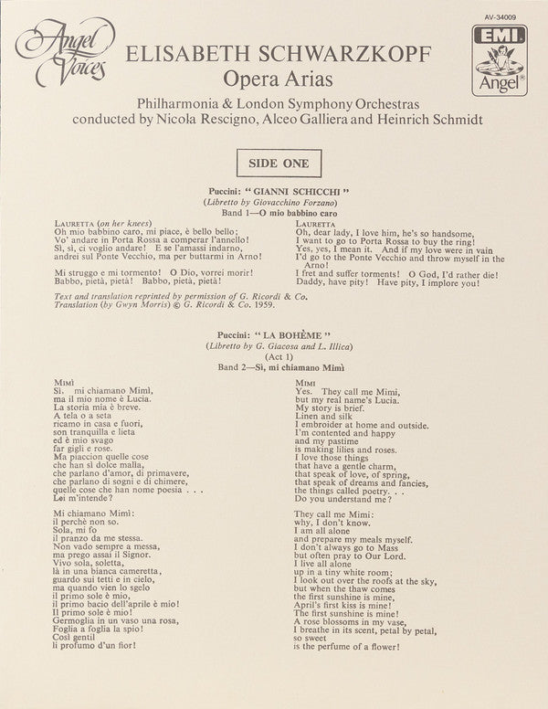 Elisabeth Schwarzkopf : Opera Areas From Otello • La Boheme • Gianni Schicchi • Eugene Onegin • The Bartered Bride (LP, Album, Comp, RM)