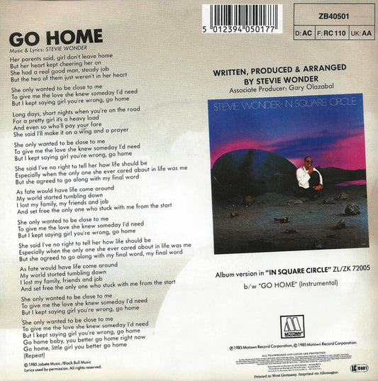 Stevie Wonder : Go Home (7", Single)