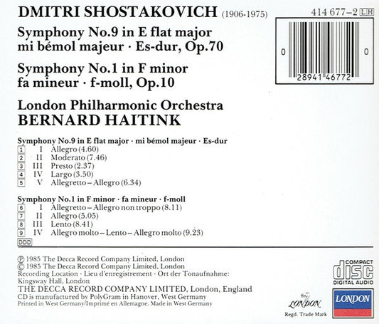 Dmitri Shostakovich, London Philharmonic Orchestra, Bernard Haitink : Symphonies 1 & 9 (CD, Album)