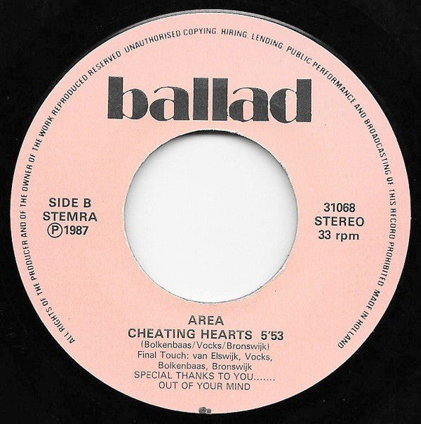 Area (18) : First Time / Cheating Hearts (7", Single)