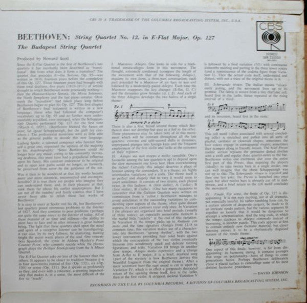 Ludwig van Beethoven ; Budapest String Quartet : Quartet No. 12 In E-Flat Major, Op. 127 (LP, Album)
