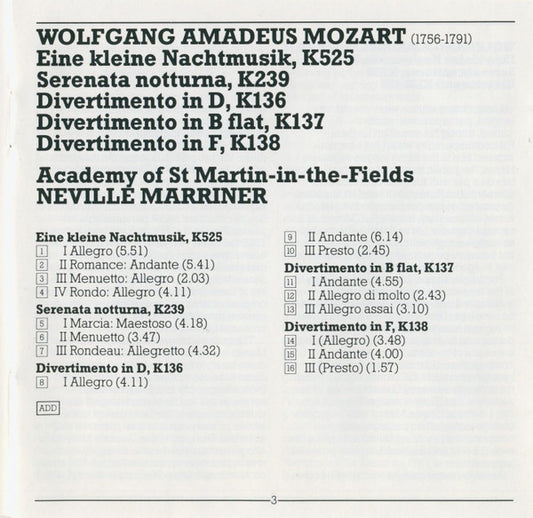 Wolfgang Amadeus Mozart Mozart The Academy Of St. Martin-in-the-Fields, Sir Neville Marriner : Eine Kleine Nachtmusik, Serenata Notturna, Divertimenti K. 136-138 (CD, Comp, RM)