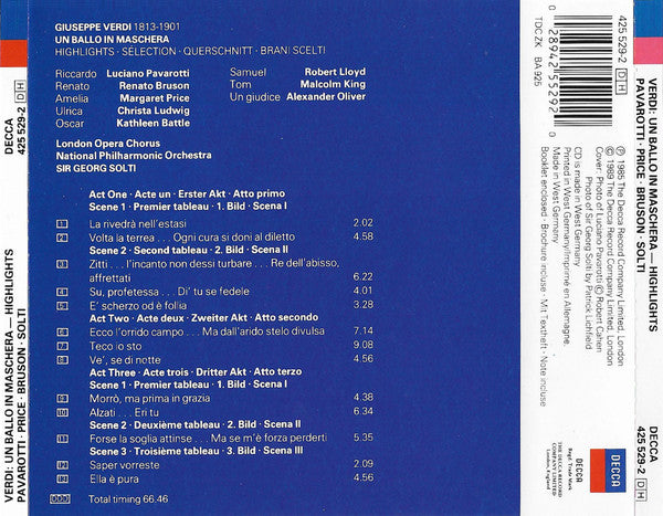 Verdi*, Luciano Pavarotti, Margaret Price, Renato Bruson, National Philharmonic Orchestra, Sir Georg Solti* : Un Ballo In Maschera (Highlights) (CD, Comp)