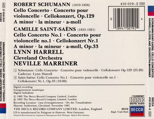 Robert Schumann / Camille Saint-Saëns - Lynn Harrell, The Cleveland Orchestra, Sir Neville Marriner : Cello Concerto / Cello Concerto No.1 (CD)