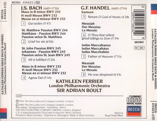 Kathleen Ferrier, London Philharmonic Orchestra, Sir Adrian Boult, Johann Sebastian Bach, Georg Friedrich Händel : Bach & Handel (CD, Album, Mono, RE, RM)