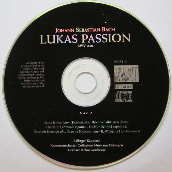 Johann Sebastian Bach - Charlotte Lehmann, Elisabeth Künstler, Georg Jelden, Ulrich Schaible, Balinger Kantorei, Kammerorchester des Collegium Musicum Tübingen* Conductor Gerhard Rehm : Lukas Passion (2xCD, Album, RE)