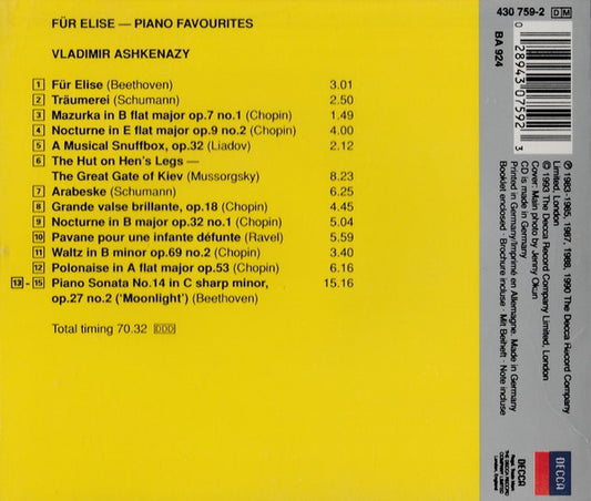 Frédéric Chopin, Ludwig van Beethoven, Maurice Ravel, Robert Schumann, Modest Mussorgsky, Anatoly Liadov, Vladimir Ashkenazy : Für Elise - Piano Favourites (CD, Comp)