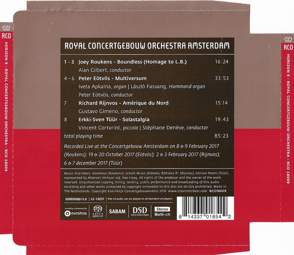 Joey Roukens / Peter Eötvös / Richard Rijnvos / Erkki-Sven Tüür - Royal Concertgebouw Orchestra*, Alan Gilbert (2) / Iveta Apkalna, László Fassang*, Gustavo Gimeno / Vincent Cortvrint, Stéphane Denève : Horizon 9: Boundles / Multiversum / Amérique Du Nord / Solastalgia (SACD, Hybrid, Multichannel, Album)