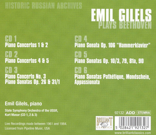 Ludwig Van Beethoven, Emil Gilels : Historic Russian Archives • Emil Gilels Plays Beethoven (6xCD, Comp, RM + Box, Sli)
