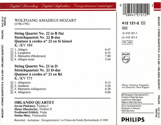 Wolfgang Amadeus Mozart, Orlando Quartet : String Quartets = Streichquartette KV 575 & 589 (CD)