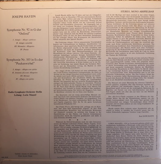 Joseph Haydn, Radio-Symphonie-Orchester Berlin, Lorin Maazel : Symphonie Nr. 92 In G-dur Oxford / Symphonie Nr. 103 In Es-dur Paukenwirbel (LP)