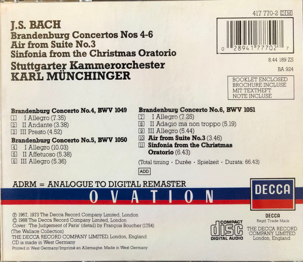 Johann Sebastian Bach, Stuttgarter Kammerorchester, Karl Münchinger : Brandenburg Concertos 4-6 (CD, Album, RM)