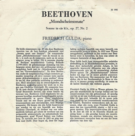 Ludwig van Beethoven / Friedrich Gulda : Sonate Nr. 14 In Cis-Moll, "Mondschein" (7", Mono)