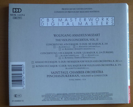 Wolfgang Amadeus Mozart - Pinchas Zukerman, The Saint Paul Chamber Orchestra : The Violin Concertos, Vol. II / Concertos No. 4 & 5 "Turkish" ● Adagio K 261 ● Rondo K 373 (CD, Comp)