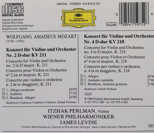 Wolfgang Amadeus Mozart / Itzhak Perlman / Wiener Philharmoniker / James Levine (2) : Violinkonzerte Nr. 2 & 4 (CD, Album)