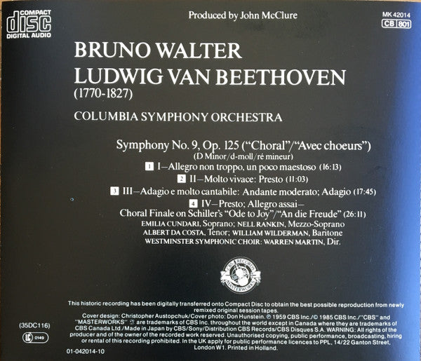 Ludwig van Beethoven, Bruno Walter, Columbia Symphony Orchestra : Symphony No. 9 In D Minor, Op. 125 "Choral" (CD, Album, RE, RM)