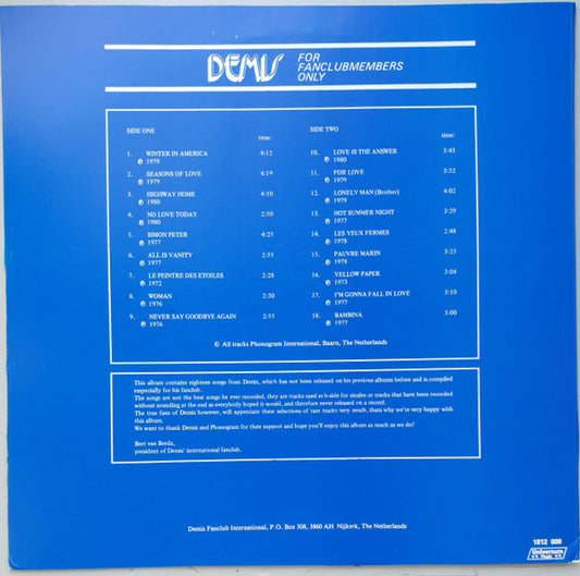 Demis Roussos : Artemios Venturis - For Fanclubmembers Only (LP, Fan)