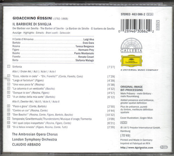 Gioacchino Rossini - Hermann Prey · Teresa Berganza · Luigi Alva · Enzo Dara · Paolo Montarsolo - London Symphony Orchestra - Claudio Abbado : Il Barbiere Di Siviglia (Highlights) (CD, Album, RE)