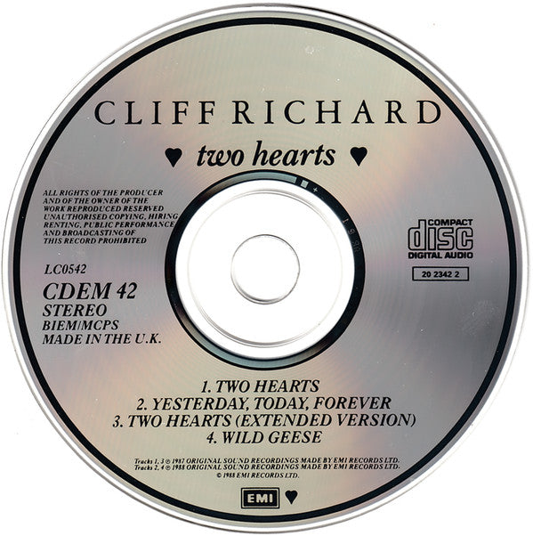 Cliff Richard : Two Hearts (CD, Maxi)