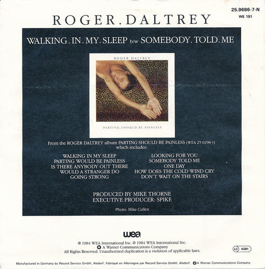 Roger Daltrey : Walking In My Sleep (7", Single)