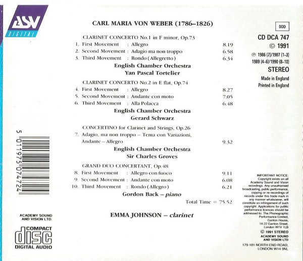 Carl Maria von Weber, Emma Johnson : The Two Clarinet Concertos - Concertino - Grand Duo Concertant (CD)