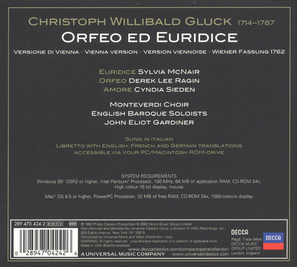 Christoph Willibald Gluck / Sylvia McNair • Derek Lee Ragin • Cyndia Sieden • John Eliot Gardiner : Orfeo Ed Euridice (2xCD, Album, Enh, RE)