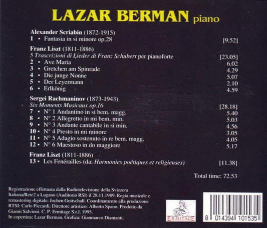 Lazar Berman, Alexander Scriabin / Sergei Vasilyevich Rachmaninoff / Franz Liszt : Fantasia Op. 28 / Moments Musicaux Op. 16 / 5 Lieder (Da Schubert), Les Funérailles (CD, Album)
