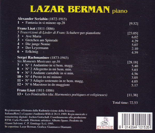 Lazar Berman, Alexander Scriabin / Sergei Vasilyevich Rachmaninoff / Franz Liszt : Fantasia Op. 28 / Moments Musicaux Op. 16 / 5 Lieder (Da Schubert), Les Funérailles (CD, Album)