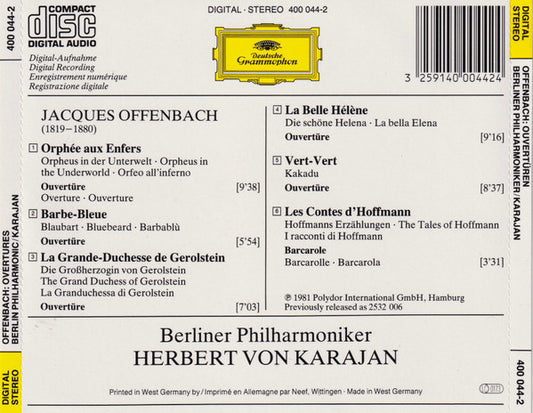 Jacques Offenbach – Berliner Philharmoniker · Herbert Von Karajan : Ouvertüren = Overtures (CD, Album, RE)
