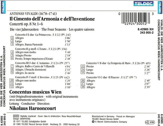 Antonio Vivaldi – Alice Harnoncourt, Concentus Musicus Wien, Nikolaus Harnoncourt : Die Vier Jahreszeiten = The Four Seasons = Les Quatre Saisons / La Tempesta Di Mare / Il Piacere (CD, RE, RM)