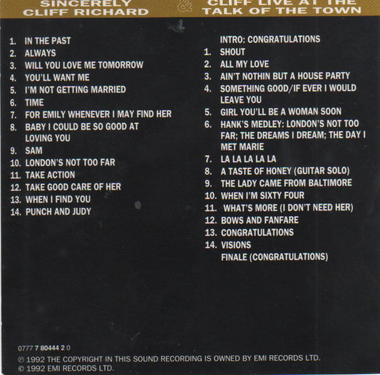 Cliff Richard : Cliff Richard CD Collection CD 11 Sincerely(1969) & Live At The Talk Of The Town (2xCD, Comp, RM)