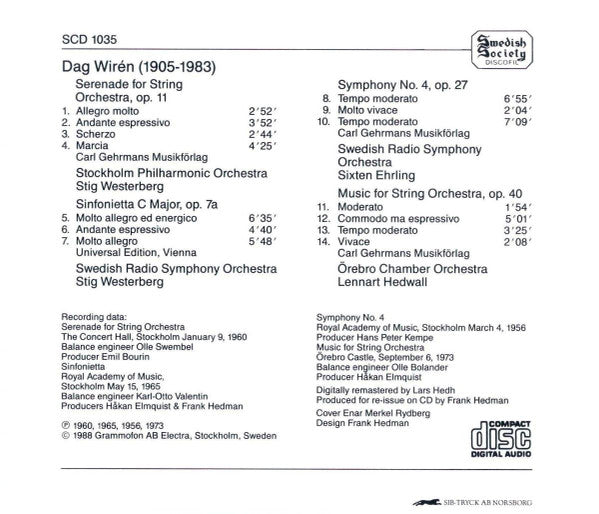 Dag Wirén : Serenade / Sinfonietta / Symphony No. 4 / Music For Strings (CD, Album)