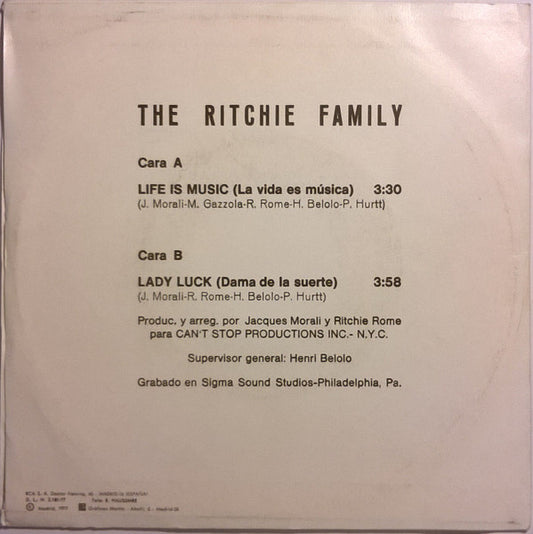 The Ritchie Family : Life Is Music (La Vida Es Música (7", Single)