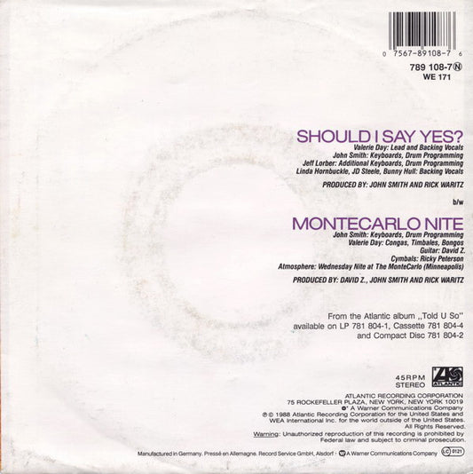 Nu Shooz : Should I Say Yes? (7", Single)