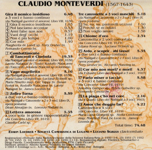 Claudio Monteverdi - Edwin Loehrer • Societa Cameristica Di Lugano : Combattimento Di Tancredi E Clorinda - Madrigali E Canzonette (CD, Album, RM)