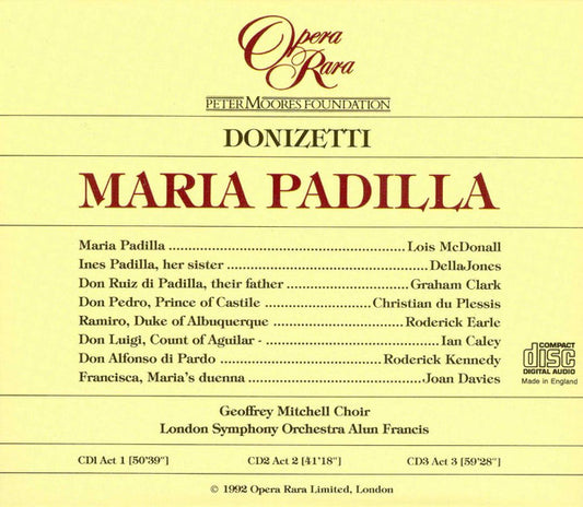 Gaetano Donizetti / Lois McDonall, Christian Du Plessis, Della Jones, Graham Clark (2), Ian Caley, Roderick Earle, Roderick Kennedy, Joan Davies (2), London Symphony Orchestra, Alun Francis : Maria Padilla (3xCD, Album, RE + Box)
