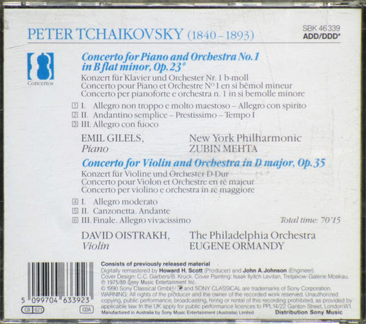 Pyotr Ilyich Tchaikovsky - Emil Gilels • Zubin Mehta • David Oistrach • Eugene Ormandy : Piano Concerto = Klavierkonzert No. 1 / Violin Concerto (CD, Comp, RM)