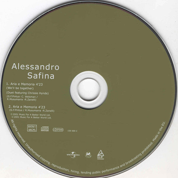Alessandro Safina Featuring Chrissie Hynde : Aria E Memoria (We'll Be Together) (CD, Single, Car)