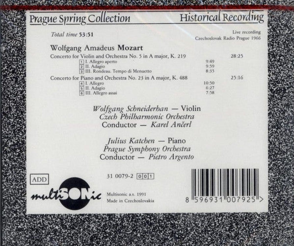 Wolfgang Amadeus Mozart : Wolfgang Schneiderhan • Julius Katchen • The Czech Philharmonic Orchestra • The Prague Symphony Orchestra • Karel Ančerl • Pietro Argento : Violin Concerto No. 5 / Piano Concerto No. 23 (CD, Album)