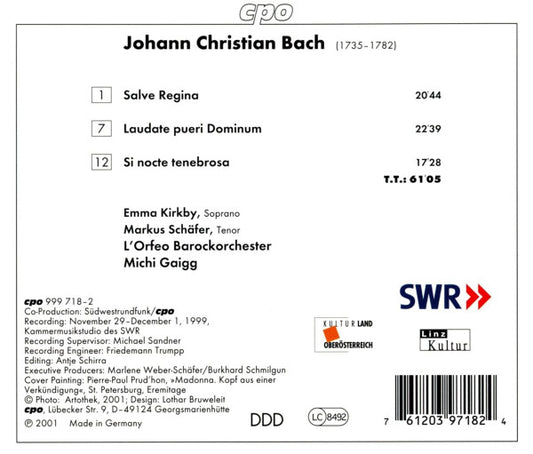 Johann Christian Bach - Emma Kirkby · Markus Schäfer (5) · L'Orfeo Barockorchester · Michi Gaigg : Salve Regina (CD, Album)