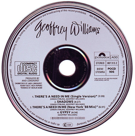 Geoffrey Williams : There's A Need In Me (CD, Maxi, Car)