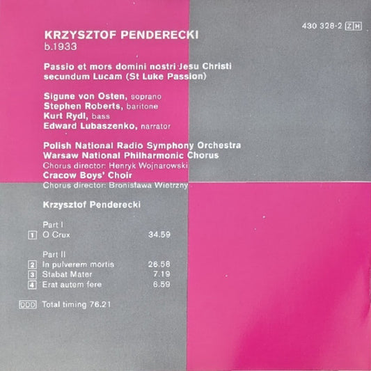 Krzysztof Penderecki, Chór Filharmonii Narodowej, Narodowa Orkiestra Symfoniczna Polskiego Radia, Krzysztof Penderecki : St Luke Passion (CD)