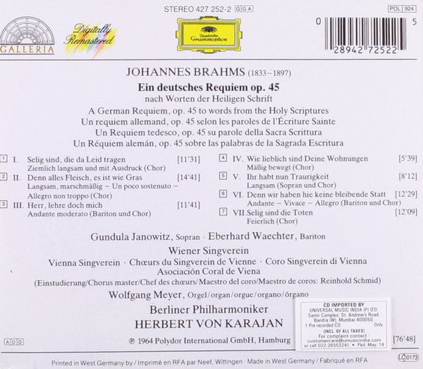 Johannes Brahms - Gundula Janowitz • Eberhard Wächter • Wiener Singverein • Berliner Philharmoniker • Herbert von Karajan : Ein Deutsches Requiem (A German Requiem • Un Requiem Allemand) (CD, Album, RE, RM)