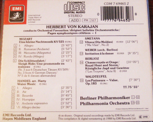 Herbert von Karajan, Hector Berlioz, Georg Friedrich Händel, Wolfgang Amadeus Mozart, Bedřich Smetana, Emil Waldteufel, Carl Maria von Weber : Karajan Conducts Orchestral Favourites I (CD, Comp)