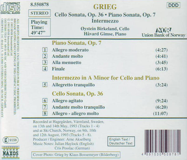 Edvard Grieg, Øystein Birkeland, Håvard Gimse : Cello Sonata, Op. 36 / Piano Sonata, Op. 7 / Intermezzo (CD, Album)