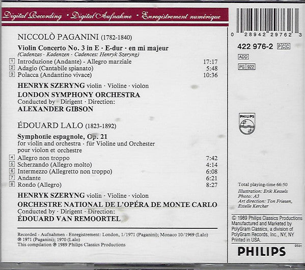 Niccolò Paganini / Édouard Lalo - Henryk Szeryng : Violin Concerto No. 3 / Symphonie Espagnole (CD, Comp)