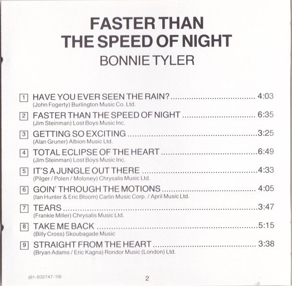 Bonnie Tyler : Faster Than The Speed Of Night (CD, Album, RE)