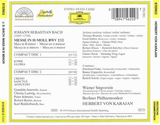 Johann Sebastian Bach - Gundula Janowitz • Christa Ludwig • Peter Schreier • Robert Kerns • Karl Ridderbusch • Wiener Singverein • Berliner Philharmoniker • Herbert von Karajan : Messe In h-moll = Mass In B Minor = Messe En Si Mineur (2xCD, Album, RE, RM, RP, PMD)