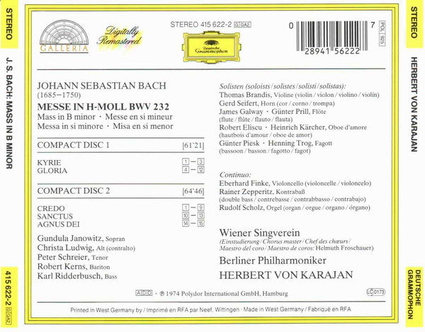 Johann Sebastian Bach - Gundula Janowitz • Christa Ludwig • Peter Schreier • Robert Kerns • Karl Ridderbusch • Wiener Singverein • Berliner Philharmoniker • Herbert von Karajan : Messe In h-moll = Mass In B Minor = Messe En Si Mineur (2xCD, Album, RE, RM, RP, PMD)