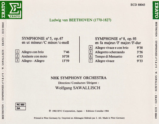 Ludwig van Beethoven, NHK Symphony Orchestra, Wolfgang Sawallisch : Symphonie N° 5 / Symphonie N° 8 (CD, Album, Num)